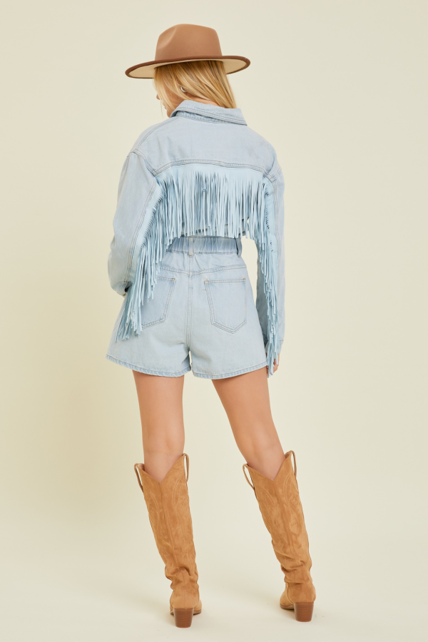 Wyoming Western Fringe Romper - Denim For Cheap