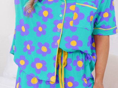 Blue Flower Print Short Sleeve Shirt Pajamas Set Fashion