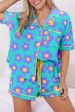 Blue Flower Print Short Sleeve Shirt Pajamas Set Fashion