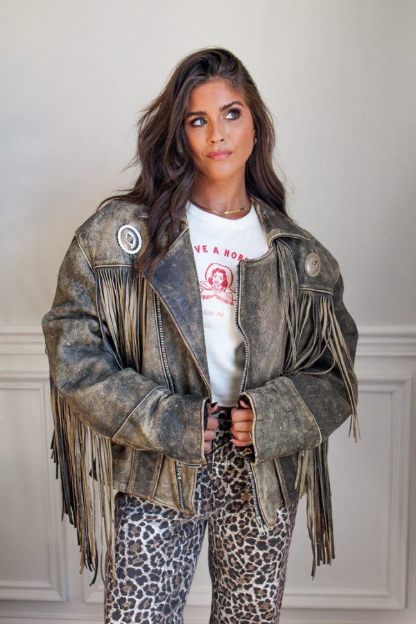 Vintage Acid Wash Concho Fringe Leather Jacket Fashion