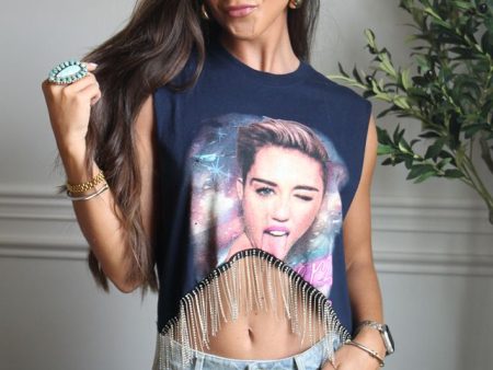 Miley Cyrus Cropped Rhinestone Fringe Tank Fashion