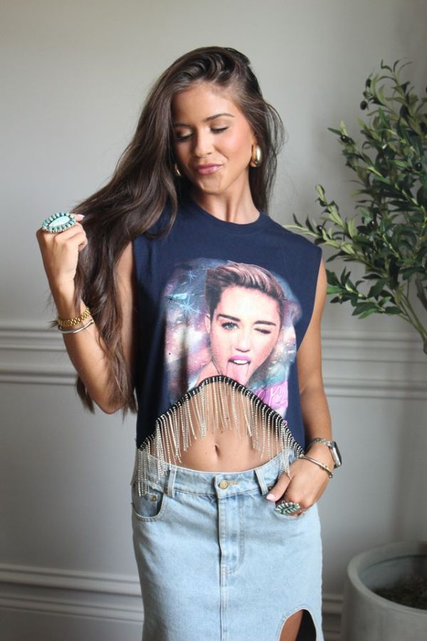 Miley Cyrus Cropped Rhinestone Fringe Tank Fashion