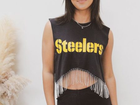 Steelers Cropped Rhinestone Fringe Tank Online now