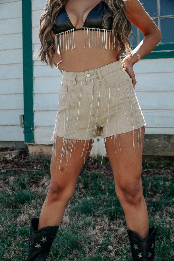 Wild West Rhinestone Fringe Shorts- Tan Cheap