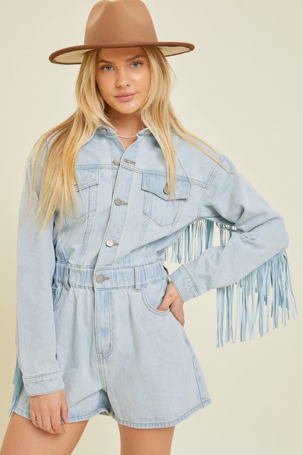 Wyoming Western Fringe Romper - Denim For Cheap