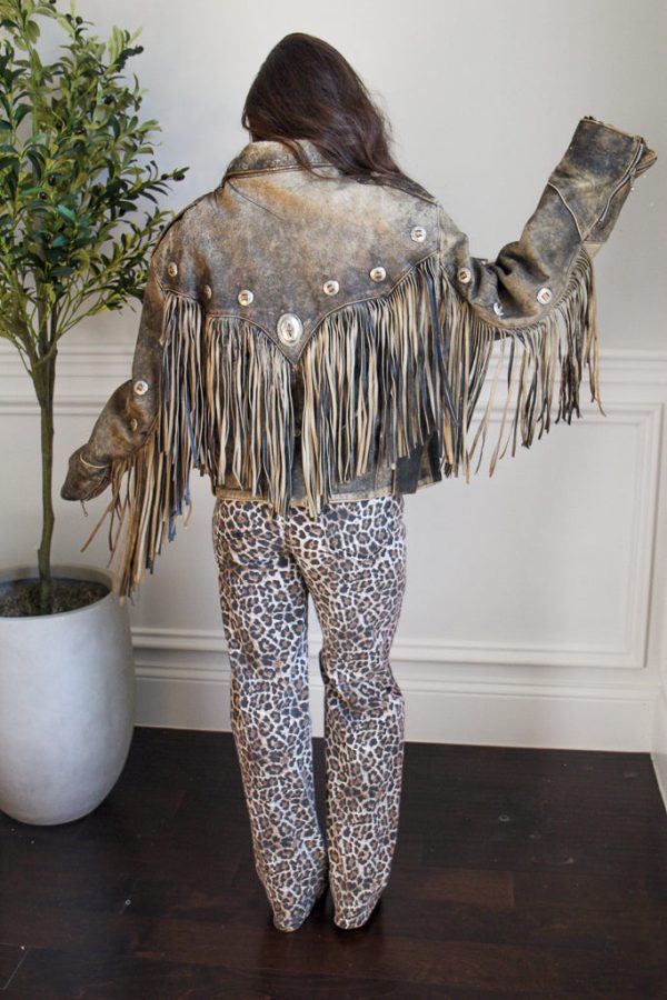 Vintage Acid Wash Concho Fringe Leather Jacket Fashion