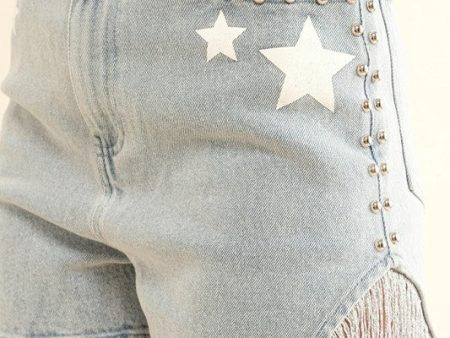 Star Of The Show Fringe Shorts- Light Denim Online now