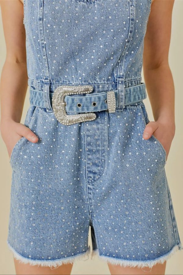 Darling Denim Rhinestone Belted Romper Online Sale