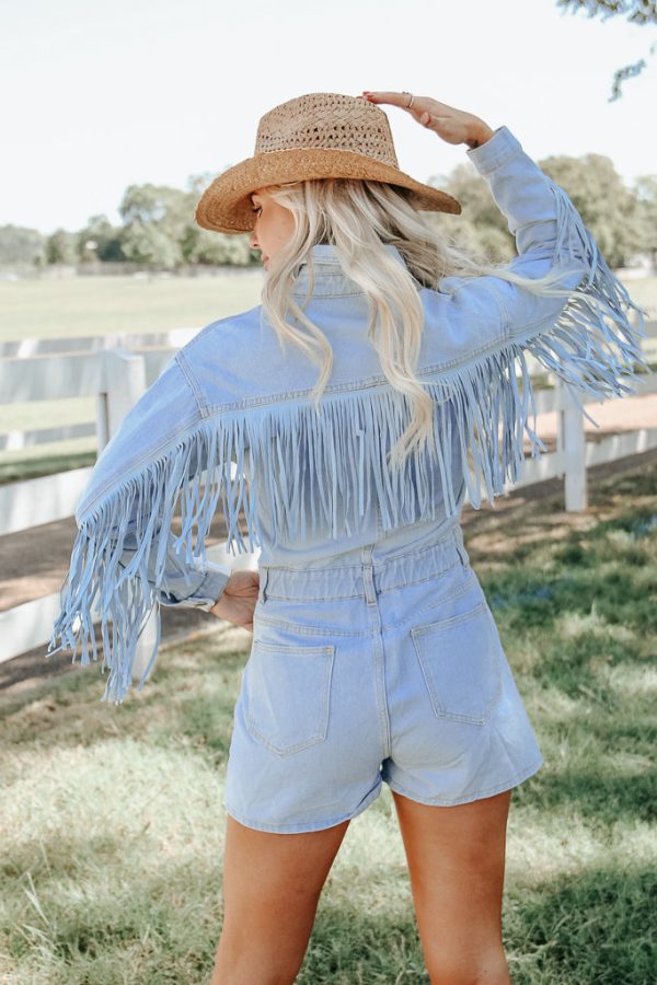 Wyoming Western Fringe Romper - Denim For Cheap