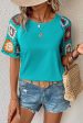 Turquoise Floral Crochet Short Sleeve Top For Cheap