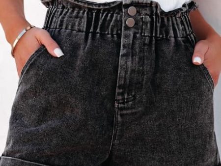 Black Vintage Washed Frilled High Waist Denim Shorts Supply