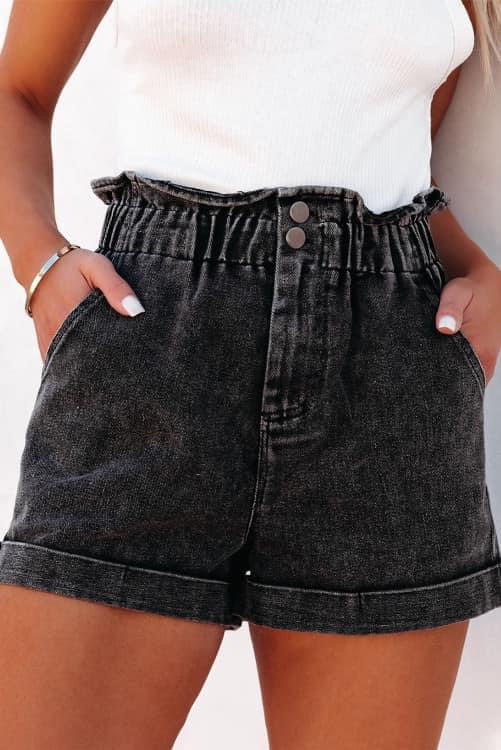 Black Vintage Washed Frilled High Waist Denim Shorts Supply