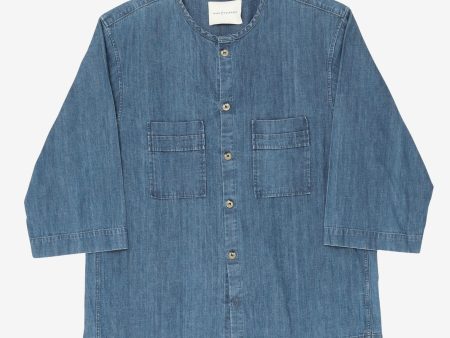 Collarless 3 4 Sleeve Denim Shirt Discount