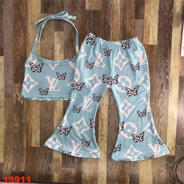 Blue Butterfly Halter & Bell Bottoms Outfit Hot on Sale